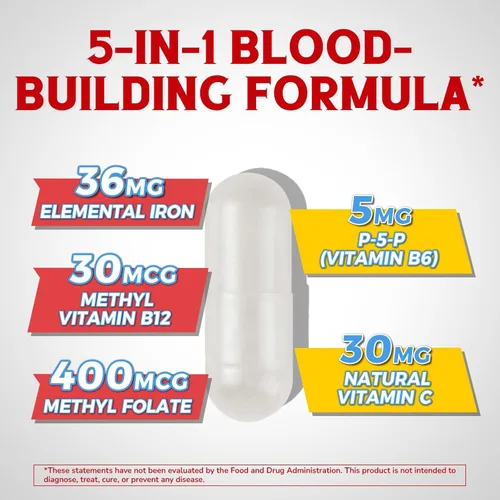 Miniatura 2 de Suplemento de hierro para mujeres y hombres, con vitaminas C, B6, B12 y folato para deficiencia de hierro, construcción de sangre y apoyo