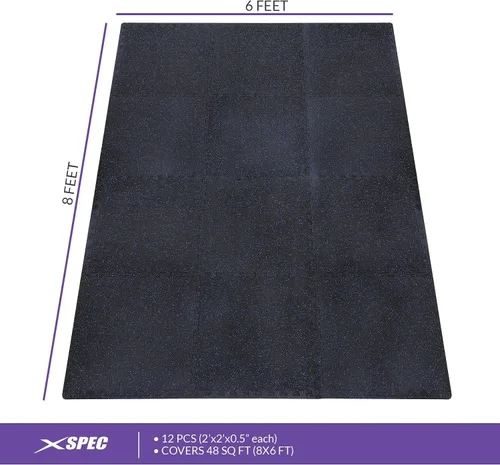 Miniatura 6 de Xspec Alfombrilla de ejercicio de espuma EVA de 1/2 pulgada de grosor de 48 pies cuadrados (12 azulejos) con parte superior de goma entrelazada