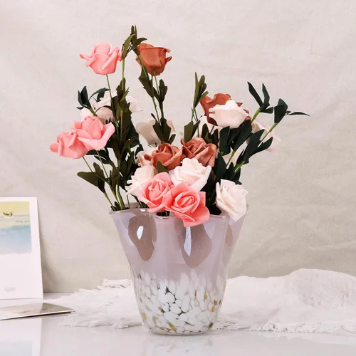 Miniatura 3 de DOVDOV Florero de cristal rosa soplado a mano, decoración de jarrón de boca ancha ondulado, jarrón de vidrio único para centro de mesa de comedor