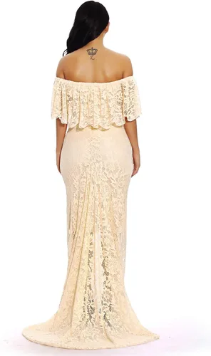 Miniatura 4 de ZIUMUDY Vestido de maternidad de encaje con volantes y hombros descubiertos para mujer, maxi vestido de fotografía para baby shower