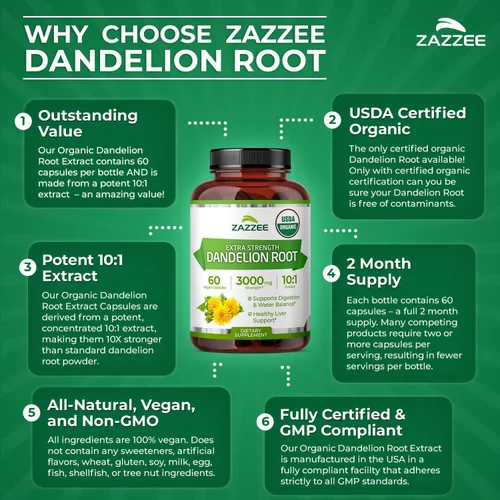Miniatura 7 de Zazzee USDA Extracto Orgánico de Raíz de Diente de León 10:1, Concentración de 3000 mg, 60 Cápsulas, Suministro para 2 Meses, Extracto Estandarizado