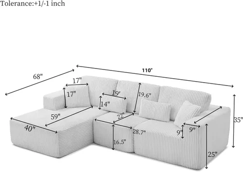 Miniatura 2 de Sofá seccional modular de 110", sofá seccional Cloud con asiento profundo, sofás tapizados sin huesos para sala de estar, sofá modular moderno