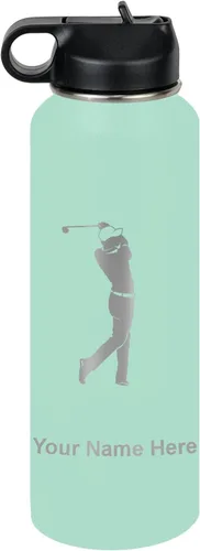 Miniatura 77 de LaserGram Botella de agua personalizada, golfista de golf, acero inoxidable de doble pared aislada al vacío con popote superior, regalo grabado Negro