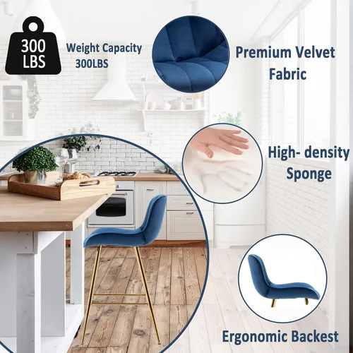 Miniatura 5 de Sidanli Blue - Juego de 2 taburetes de bar de terciopelo de 24 pulgadas con reposapiés, sillas de bar modernas para el hogar, isla de cocina, comedor