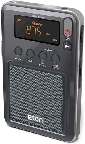 Eton - Mini radio compacta Elite AM/FM/de onda corta, antena AM interna y antena telescópica FM/SW, reloj y alarma, temporizador de sueño, funda de