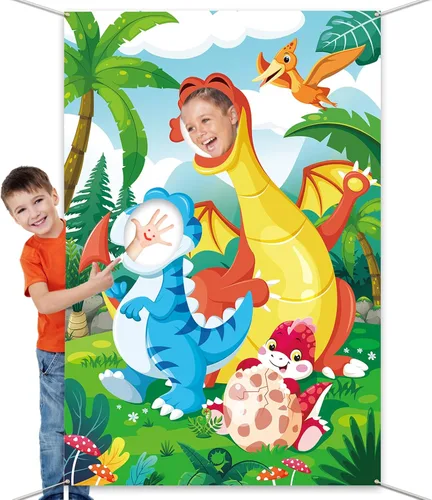 DPKOW Accesorio para fotos de fiesta de dinosaurios para niños, divertido telón de fondo de cara en el agujero, pancarta de puerta de dinosaurio