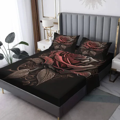 NOGAWA Juego de sábanas de flores tamaño Queen, sábanas de plantas florales, sábanas y fundas de almohada estampadas de 4 piezas, sábana bajera