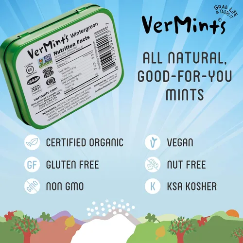 Miniatura 5 de VerMints Organic Breath Mints sabor a gaulta, todo natural, sin OMG, sin nueces, sin gluten, vegano, KSA Kosher, paquete de 6, latas de 1.41 onzas
