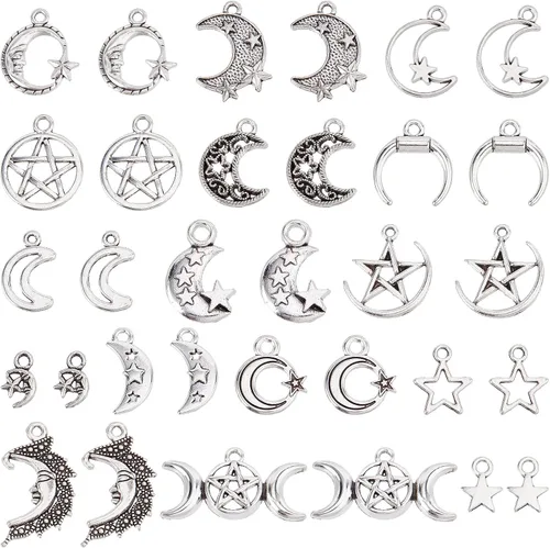 Miniatura 9 de SUNNYCLUE 64 dijes estilo tarot, sol, luna, estrella, aleación a granel, media luna tibetana, triple luna, diosa para hacer joyas, accesorios mixtos
