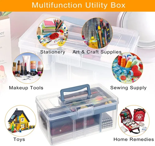 Miniatura 6 de BTSKY - Caja de almacenamiento de 2 capas de plástico transparente con bandeja extraíble, caja organizadora multiuso para papelería con asa, caja
