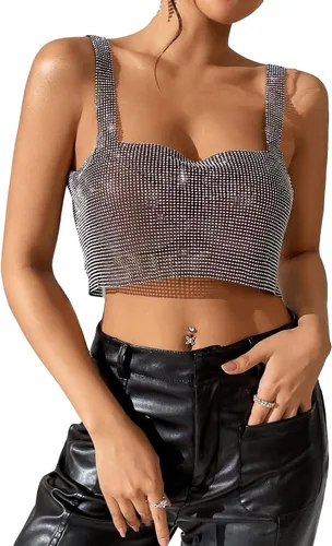 SOLY HUX Women's Glitter Rhinestone Sexy Cami Crop Tops Chain Backless Sleeveless Club Party Top