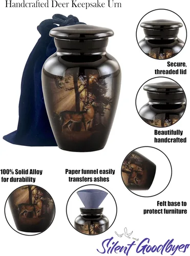 Miniatura 3 de Urnas de recuerdo de caza de venado con rayos de sol – Juego de 4 urnas mini de venado majestuoso para cenizas humanas – Urna de cremación