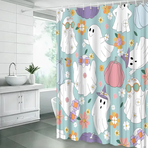 Miniatura 6 de Halloween Ghost Shower Curtain Spooky Cute 70s Retro Hippie Daisy Funny Bathroom Decor Curtain with Hooks,Blue White