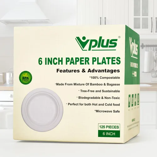 Miniatura 8 de Vplus Paquete de 125 platos de papel de 6 pulgadas, 100% compostables, platos de papel desechables de alta resistencia, bagazo, natural, 6 in Blanco