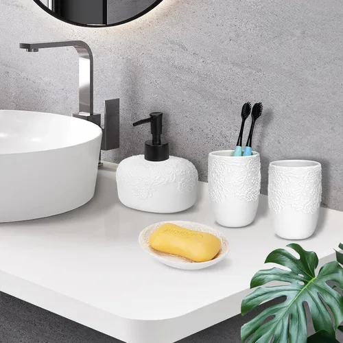 Miniatura 2 de Juego de accesorios de baño, 4 piezas de cerámica con diseño en relieve, dispensador de jabón de baño de 13.5 onzas y 2 vasos de cerámica, 1 jabonera