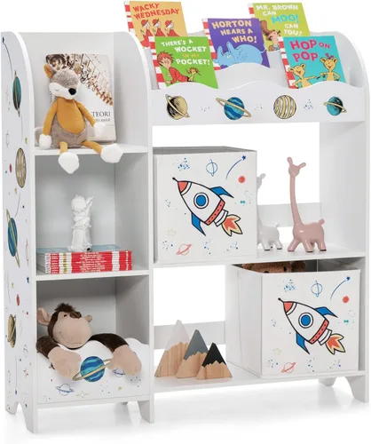 Miniatura 9 de Costzon Organizador de juguetes y libros para niños, estantería de almacenamiento de madera con 5 estantes abiertos, 2 cajas de almacenamiento y 3