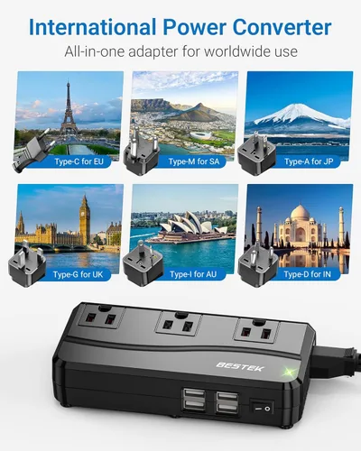Miniatura 2 de BESTEK Convertidor de corriente de 250 W de 3 salidas y 4 puertos USB Transformador de voltaje de viaje 220V a 110V con adaptadores de enchufe