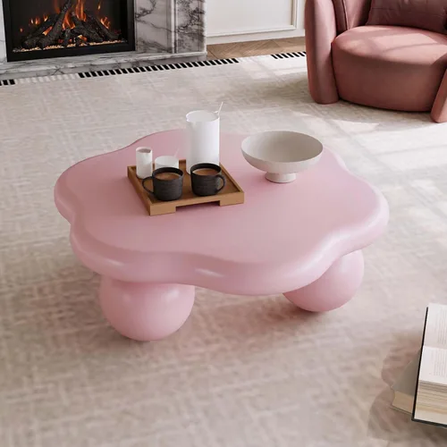 Miniatura 12 de Mesa de centro moderna de 35 pulgadas, con forma de pétalo, mesa de centro baja, linda mesa de té irregular para interiores con 3 patas de bola