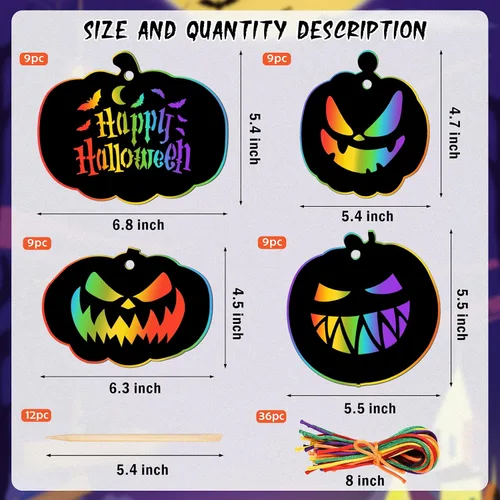Miniatura 2 de JULMELON Kit de manualidades de papel para rascar de Halloween de 36 piezas, lote de calabazas de Halloween, arte mágico de arco iris para rascar