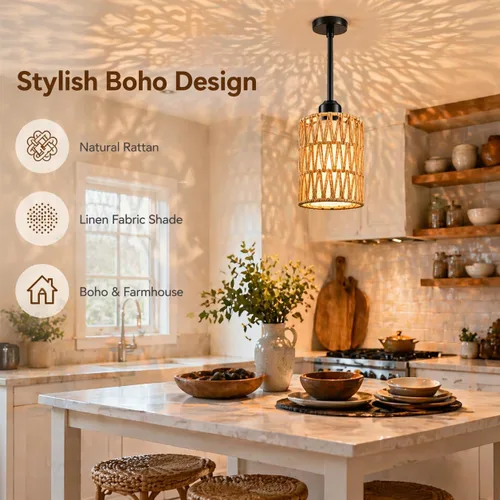 Miniatura 3 de Lámpara Colgante Boho Lámpara Colgante - Pantalla 2 en 1 de Ratán y Lino, Luminaria de Luces Colgantes Ajustables para Isla de Cocina, Comedor, Casa