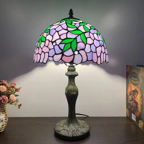 Lámpara de mesa estilo Tiffany con hojas verdes, estilo vintage, azul, glicina, flor, lámpara de escritorio, dormitorio, mesita de noche, lámpara de