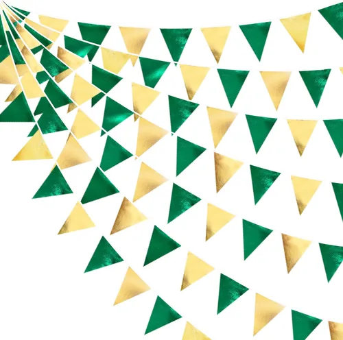 Miniatura 26 de Decoración de fiesta iridiscente de 33 pies, tela holográfica, banderín triangular, banderín de algodón, guirnalda de banderines para cumpleaños