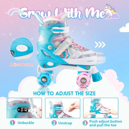 Miniatura 2 de SULIFEEL Rainbow Unicorn - Patines ajustables de 4 tamaños para niñas y niños de 3-5, 5-8, 6-12 años, patines para interiores y exteriores C Azul