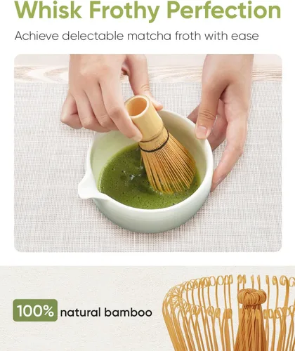 Miniatura 4 de Joiish Juego de batidor matcha, kit de 5 piezas, tazón de cerámica con asa y soporte, batidor de bambú, tamiz, cuchara, herramientas tradicionales