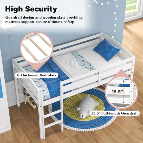 Miniatura 3 de Giantex Cama alta individual con escalera, cama alta de madera de perfil bajo con 30 pulgadas de espacio libre y rieles de protección de seguridad