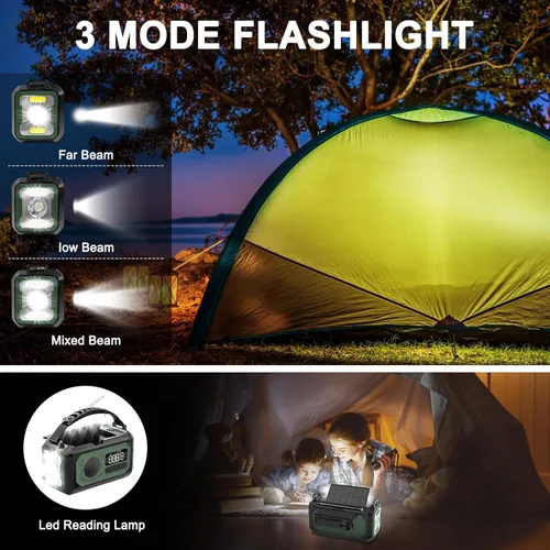Miniatura 6 de Radio de emergencia de 12000 mAh, radio portátil de alerta meteorológica AM/FM/NOAA, manivela con linterna, lámpara de lectura, alarma SOS, cargador