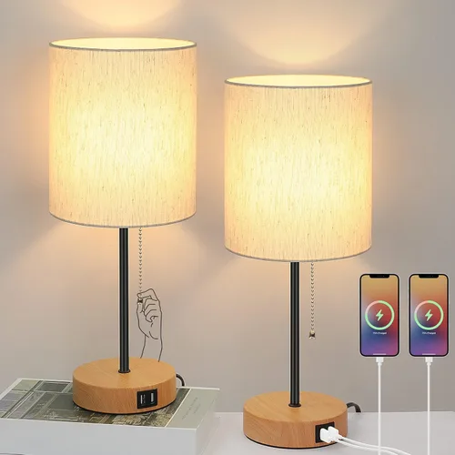 Miniatura 11 de Juego de 2 lámparas de mesa con puertos de carga USB, lámparas de noche blancas con salida de CA, lámparas de mesita de noche con interruptor