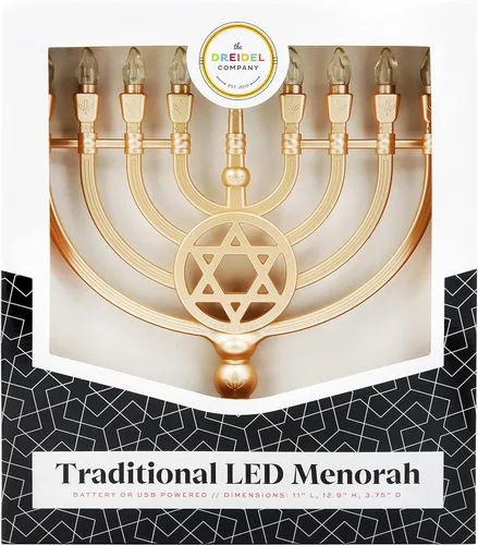 Miniatura 3 de The Dreidel Company Candelabro tradicional LED eléctrico de Hanukkah en oro - Tamaño grande de 13 pulgadas de alto operado con batería o USB - Dorado