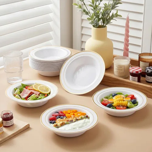 Miniatura 4 de N9R 30 cuencos de plástico desechables con borde dorado, cuencos de plástico blanco elegante de 12 onzas, cuencos de ensalada de postre de primera