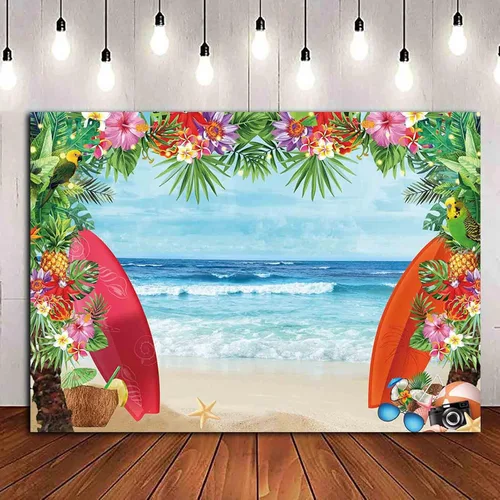 Miniatura 3 de HQM Fondo de fotos con temática de playa tropical de verano, 5 x 3 pies, tela para conchas de playa, Hawaii, flor de mar azul, para niños