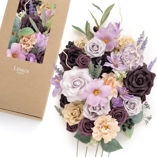 Miniatura 18 de Ling's moment Caja de Flores Falsas, Tallos de Vegetación Artificial Falsa Rosas de Espuma Dalias de Seda Hojas de Rosa Flor de Tela para Centros