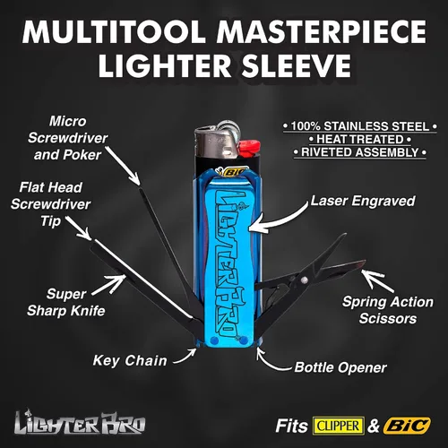 Miniatura 6 de LighterBro Funda para encendedor – Multiherramienta – Acero inoxidable 420 – Se adapta fácilmente a tus encendedores favoritos – Incluye mini