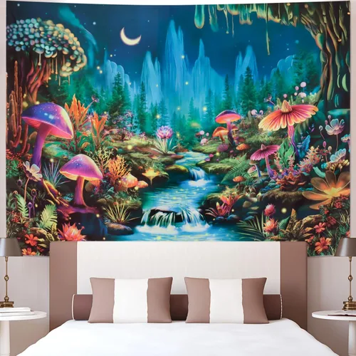 Miniatura 4 de Heopapin Tapiz de luz negra con hongos reactivos a los rayos UV, tapices de fantasía, luz de luna, montaña, bosque, paisaje, misteriosa, selva
