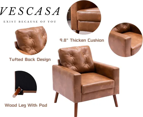 Miniatura 4 de VESCASA Silla con brazo copetudo con patas de madera, piel sintética sintética cómoda y tapizada, sofá individual tapizado, silla lateral moderna