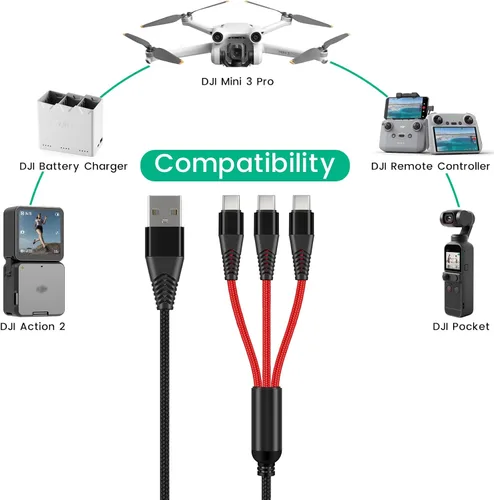 Miniatura 2 de Cargador para DJI Mini 4 Pro, Mini 3 Pro, Mavic 3, Air 2S, Avata Drone, cable de carga rápida 3 en 1 3A USB C con adaptador para controlador remoto