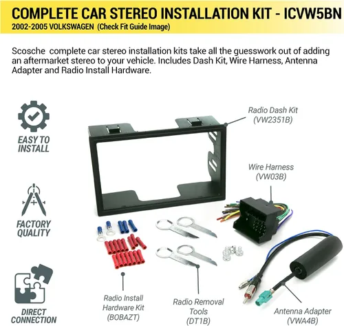 Miniatura 2 de Scosche ICVW5BN Kit de instalación de radio doble DIN y arnés compatible con vehículos Volkswagen no amplificados seleccionados 2002-2005 - Kit