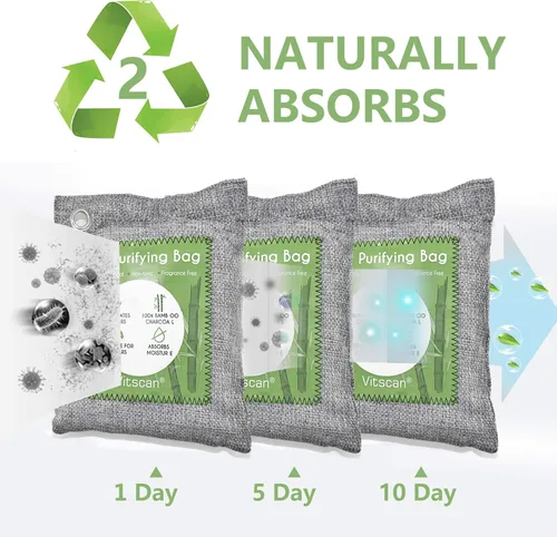 Miniatura 5 de Paquete de 8 bolsas purificadoras de aire de carbón de bambú, bolsas de carbón activado, absorbente de olores, absorbente de humedad, ambientador