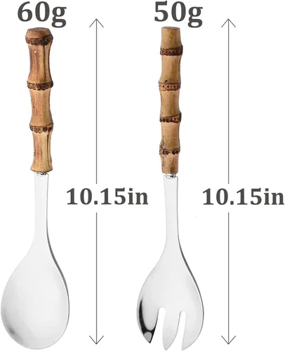 Miniatura 7 de Juego de 4 utensilios para servir con mango de bambú, cuchara larga de acero inoxidable 304, tenedor para cocina, bufé, restaurante, boda, fiesta