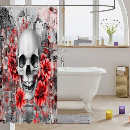 Miniatura 3 de Cortina de ducha con diseño de calavera de azúcar para niños y niñas, cortina de baño con rosas y rosas, decoración de habitación femenina