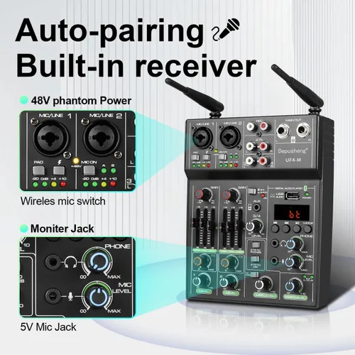 Miniatura 3 de Depusheng Mezclador de audio profesional, mezclador de sonido de 4 canales con micrófono inalámbrico dual, consola de tablero de sonido, MP3