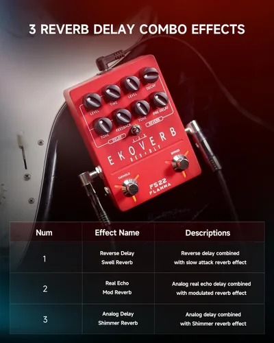 Miniatura 2 de FLAMMA FS22 - Pedal de efectos combo de delay y reverberación estéreo para guitarra ambiental con 3 pares de efectos combo, delay inverso, Combo