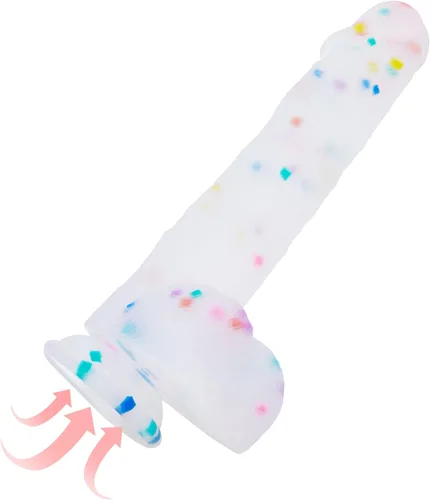 Miniatura 17 de Consolador de silicona transparente de 8.2 pulgadas con forma de confeti y base de succión acampanada para uso con manos libres, consolador flexible