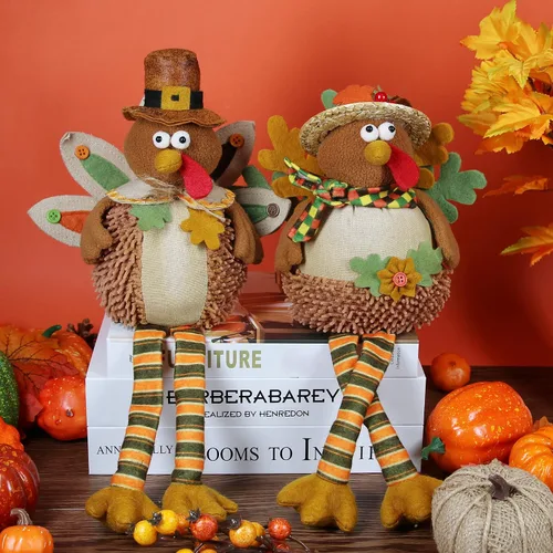 Ogrmar Paquete de 2 muñecas de pavo de peluche de 15 pulgadas, decoración de mesa de Acción de Gracias, exquisita muñeca de felpa de pavo hecha a