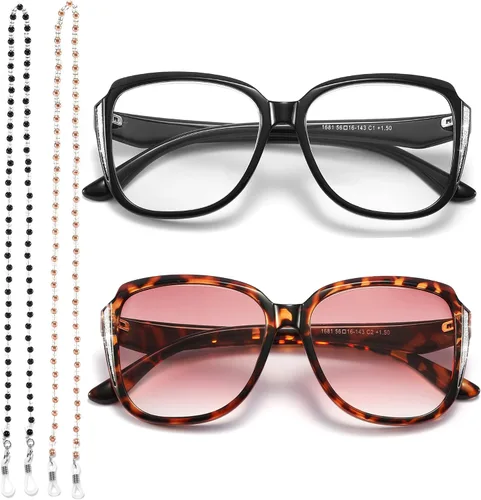 Elegantes gafas de lectura de ojo de gato, lentes de sol de gran tamaño con cadena de lentes de moda portátiles para mujeres Paquete de 2 gafas de
