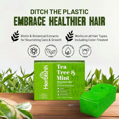 Miniatura 4 de Herbishh Barra de champú Tea Tree & Mint - Barra de aceite de árbol de té para limpieza de cabello graso y cuero cabelludo - Champú sólido