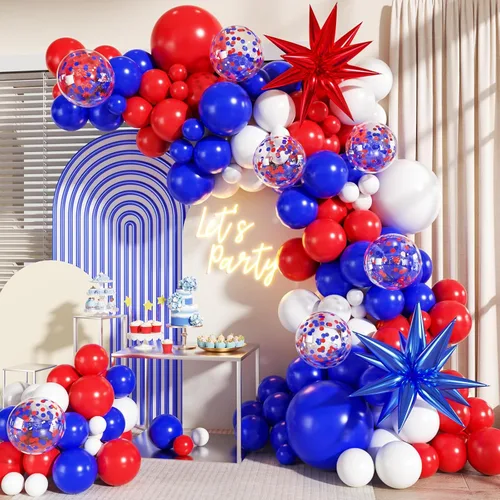 Miniatura 12 de Kit de arco de guirnalda de globos de color azul, blanco y plateado, 140 piezas globos de confeti azul marino claro metálico plateado y blanco